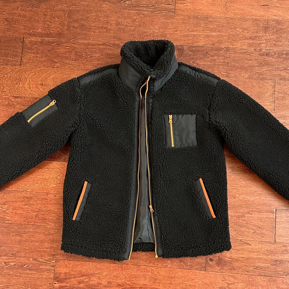 NWT. Men’s Black Sherpa Jacket with Orange Accents